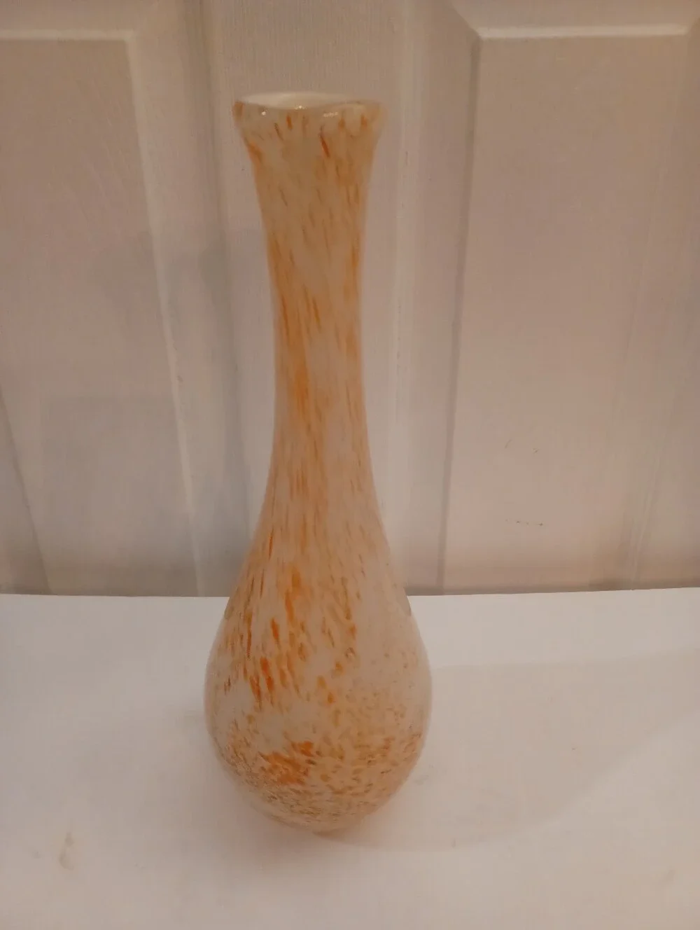 Vintage MCM Orange White Confetti Spatter Swung Art Glass Bud Vase 12.5